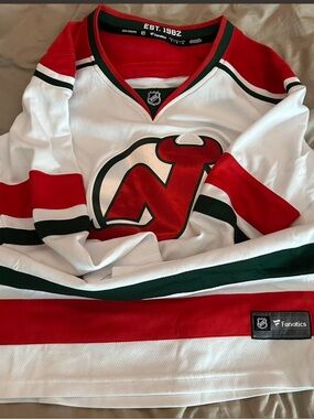 Fanatics New Jersey Devils White, Red & Green Hockey Jersey